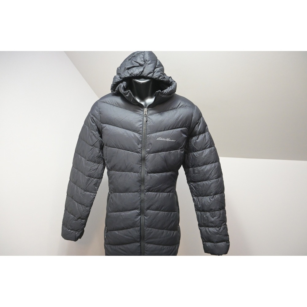 Eddie Bauer Puffer Jacket Women Large Black Hooded Quilted Full Zip Excellent